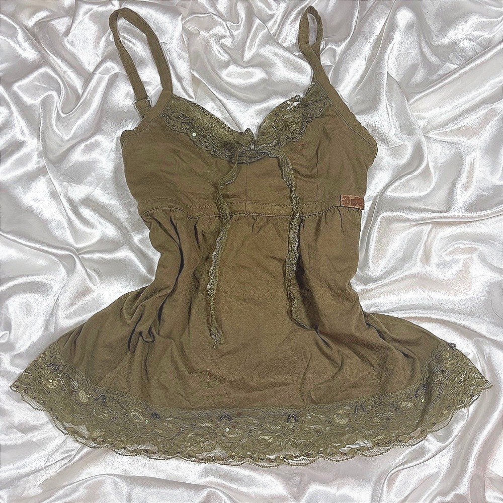 y2k Phard Glowing Camisole Olive Brown Excellent Lace Sequin Fairycore Top